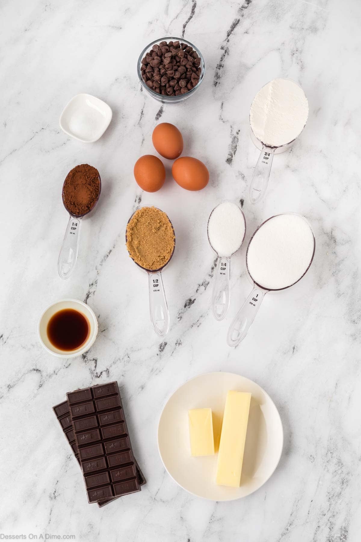 Ingredients for starbucks brownies - butter, chocolate chips, sugar, eggs, vanilla, flour, cocoa powder, salt. 