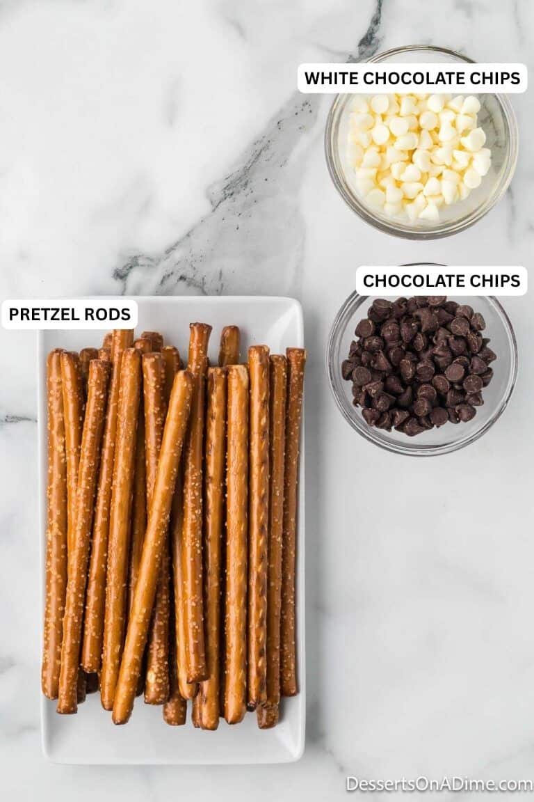 Ingredients for recipe: white chocolate chips, chocolate chips and pretzel rods. 