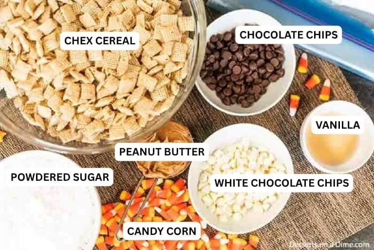 Ingredients needed for recipe: chocolate chips, white chocolate chips, peanut butter, butter, vanilla, chex cereal, powdered sugar, candy corn and candy eyes.