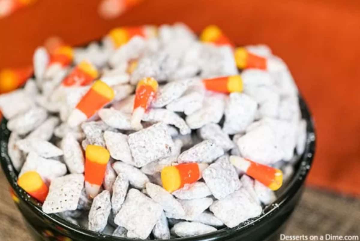 Bowl of Halloween Puppy Chow ready to serve. 