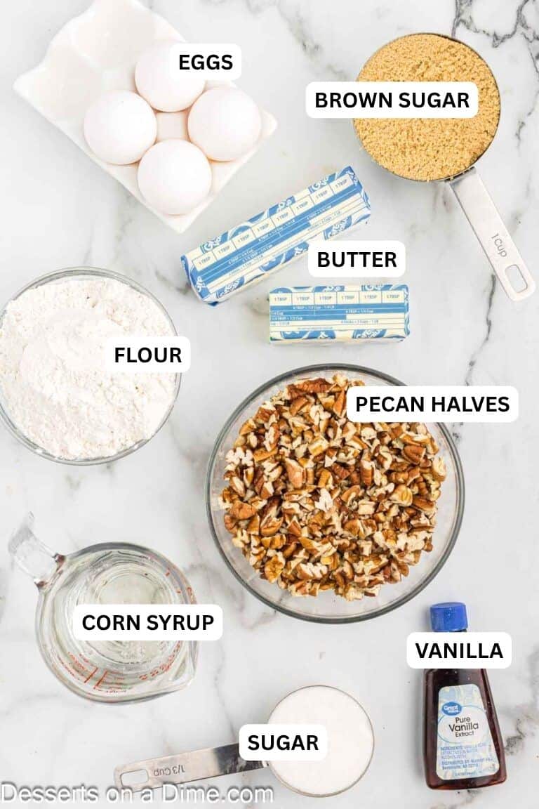 Ingredients for recipe: butter, sugar, flour, brown sugar, corn syrup, eggs, vanilla and pecans. 