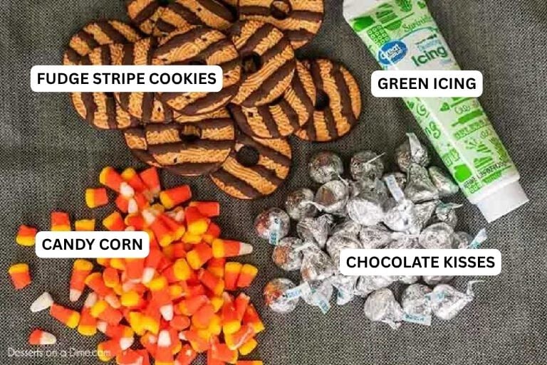 Ingredients needed for recipe: Fudge stripe cookies, chocolate kisses and green icing.