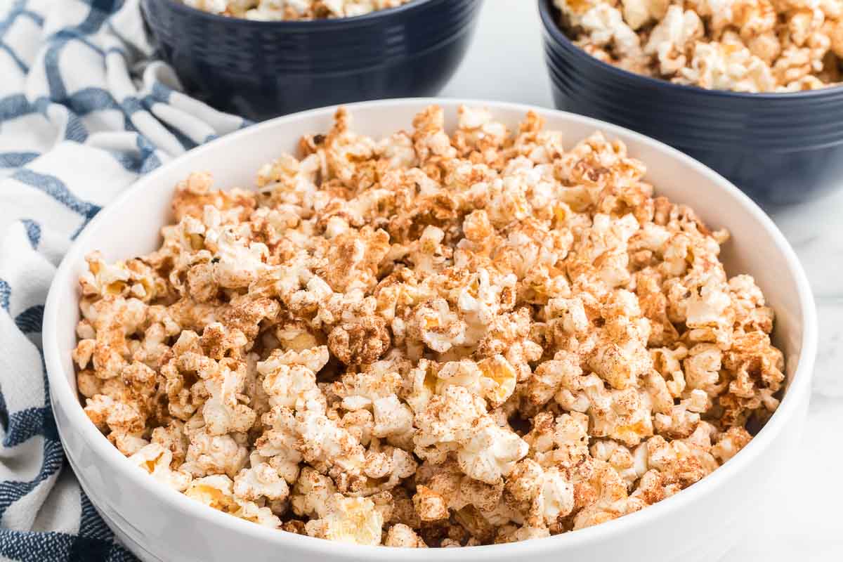 Bowl of cinnamon toast crunch popcorn.