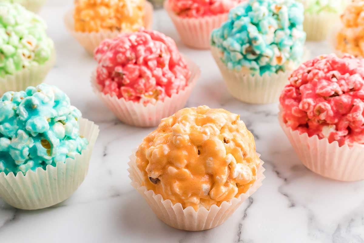 Jello Popcorn balls in various colors.