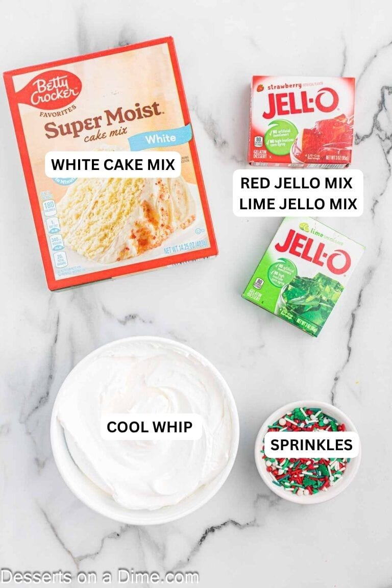 Ingredients for recipe: white cake mix, red jello mix, lime jello mix, cool whip and sprinkles. 