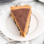slice of buckeye pie on a white plate.