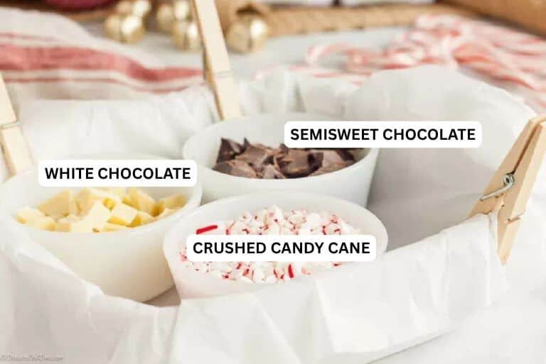Ingredients for recipe: semisweet chocolate, white chocolate, crushed candy canes and peppermint extract. 