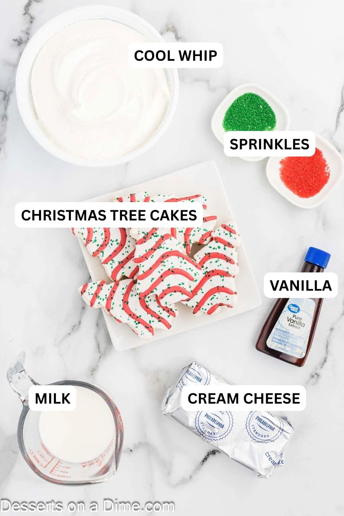 Ingredients for recipe: Christmas Tree Cakes, cream cheese, milk, vanilla, Cool Whip, and sprinkles.