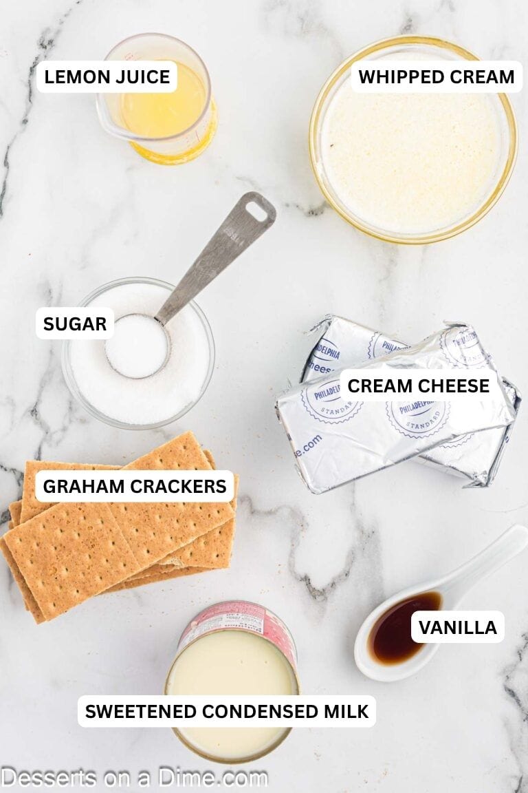 Ingredients for recipe: graham crackers, cream cheese, sweetened condensed milk, lemon juice and whipped cream.