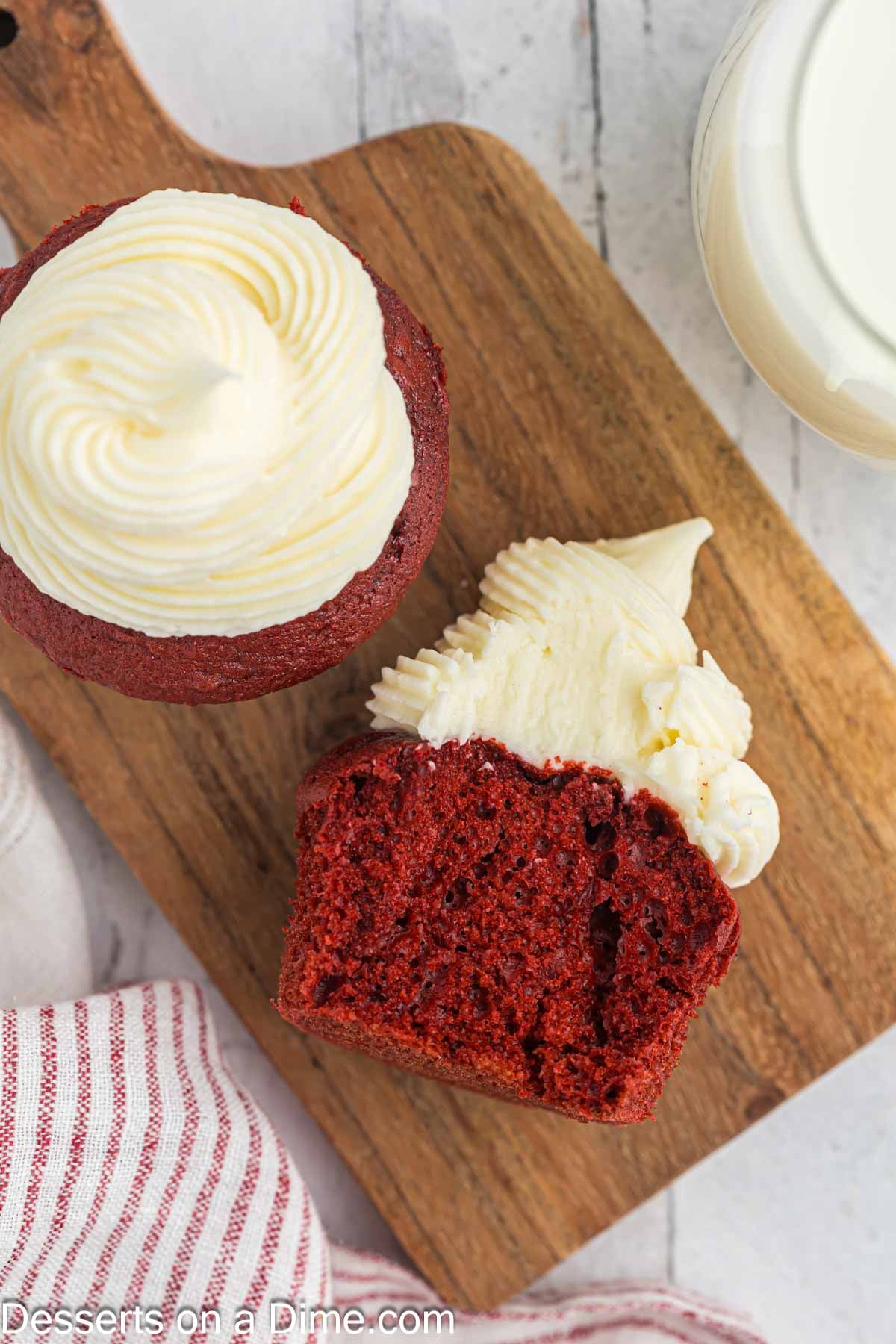 Red Velvet Cupcake cut in half. 