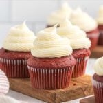 Red velvet cupcakes with cream cheese frosting.