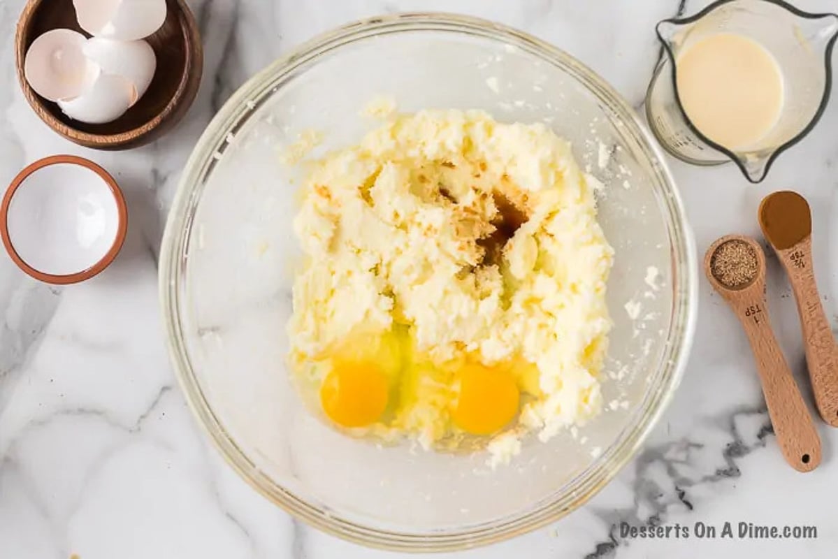 Eggs added to butter mixture. 