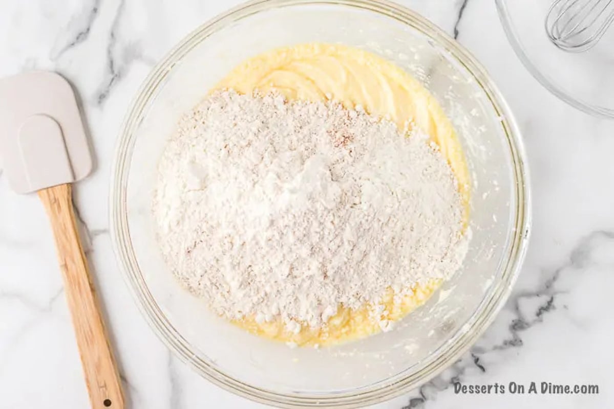 Dry ingredients mixed together with wet ingredients. 