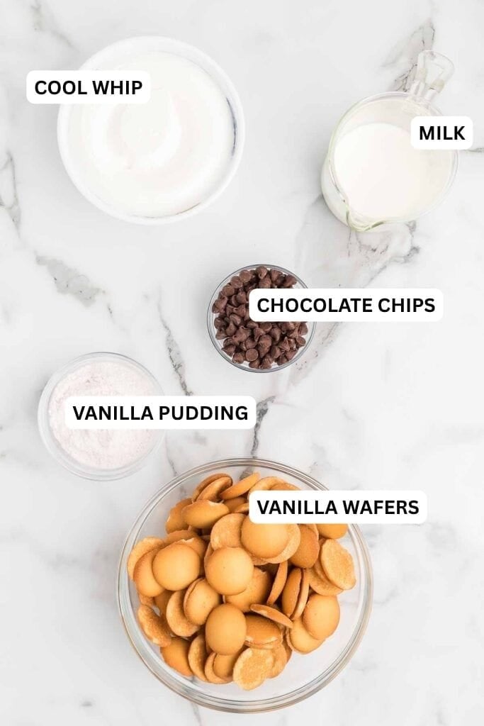 Ingredients for recipe: cool whip, milk, chocolate chips and vanilla wafers. 