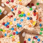 M&M Rice Krispy Treats cut into squares.