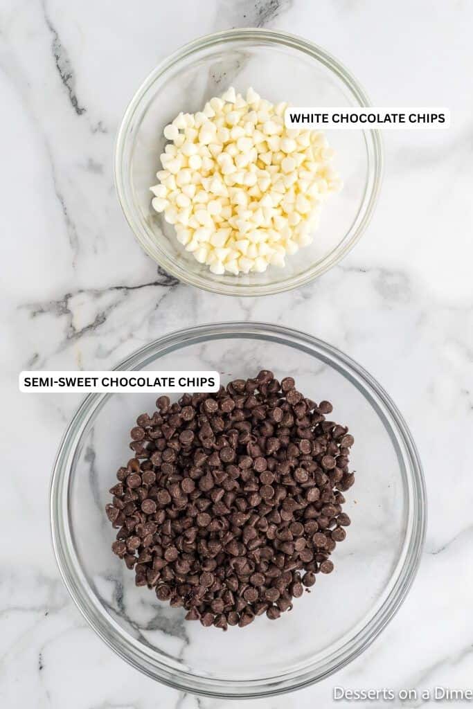 Ingredients for recipe: milk chocolate chips and white chocolate chips. 