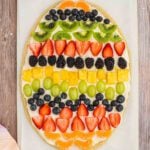 Easter Egg Fruit Pizza decorated and ready to serve.