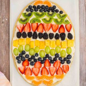 Easter Egg Fruit Pizza decorated and ready to serve.