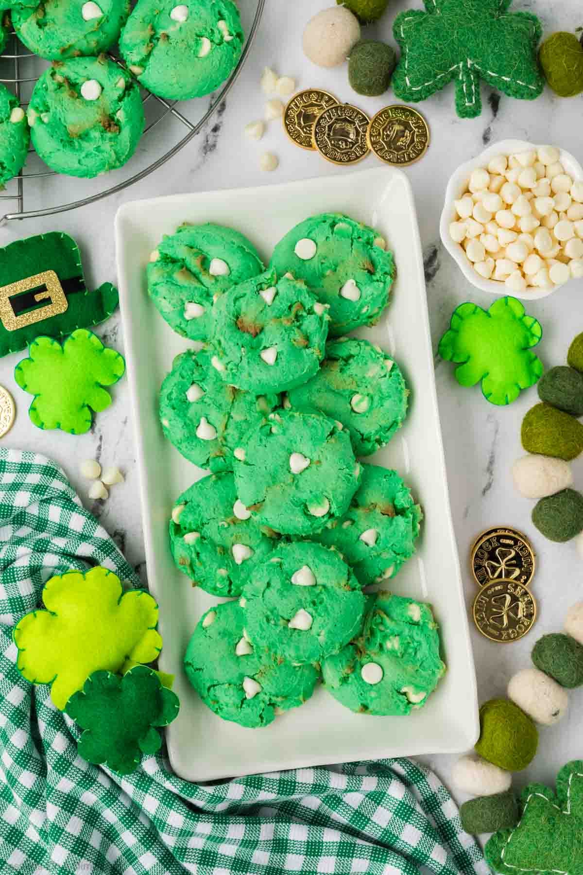St. Patrick's Day cookies on platter. 
