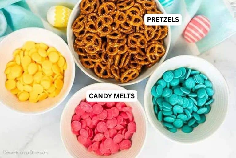 Ingredients for recipe: candy melts and pretzels. 