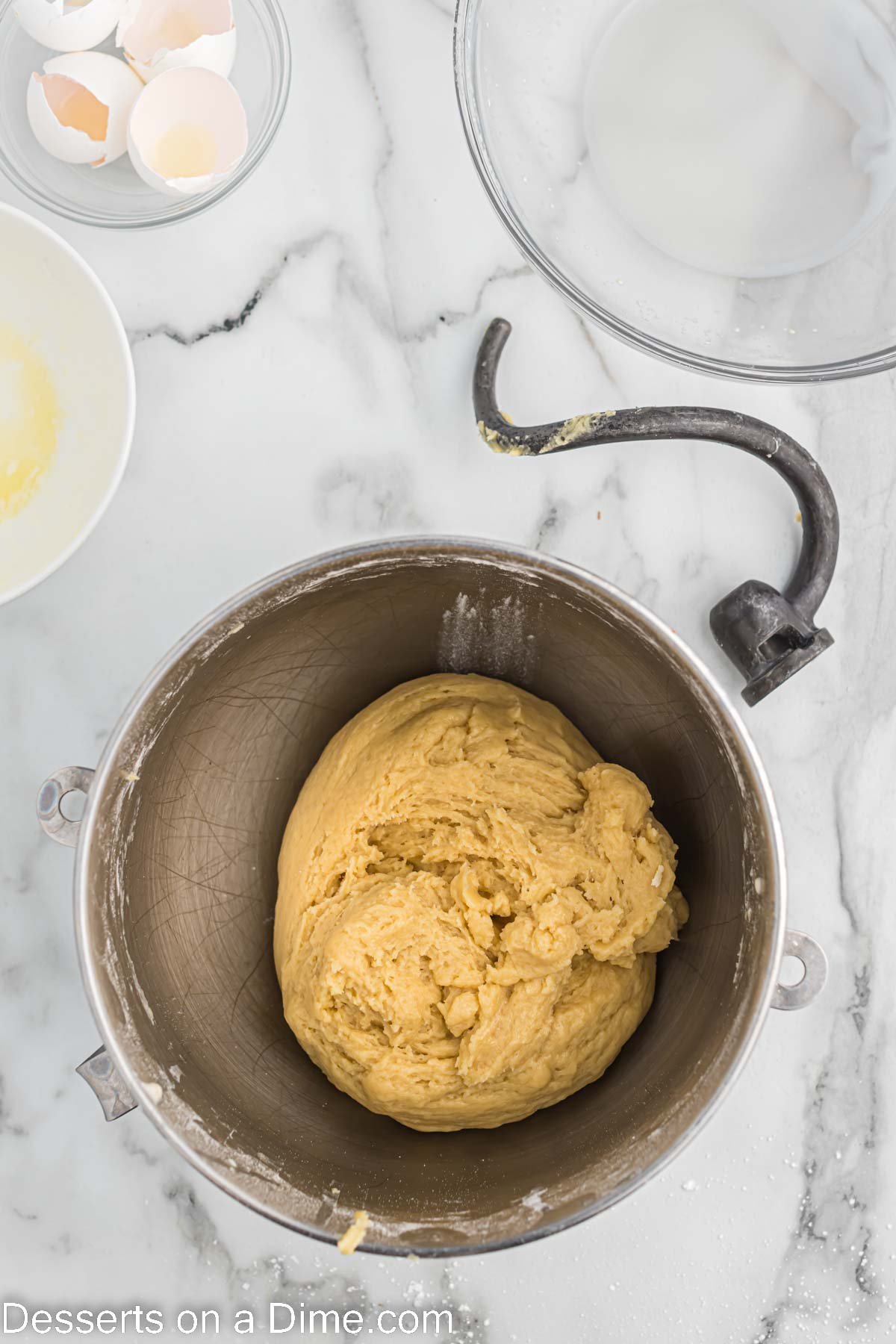 Butter and eggs mixed into yeast mixture. 