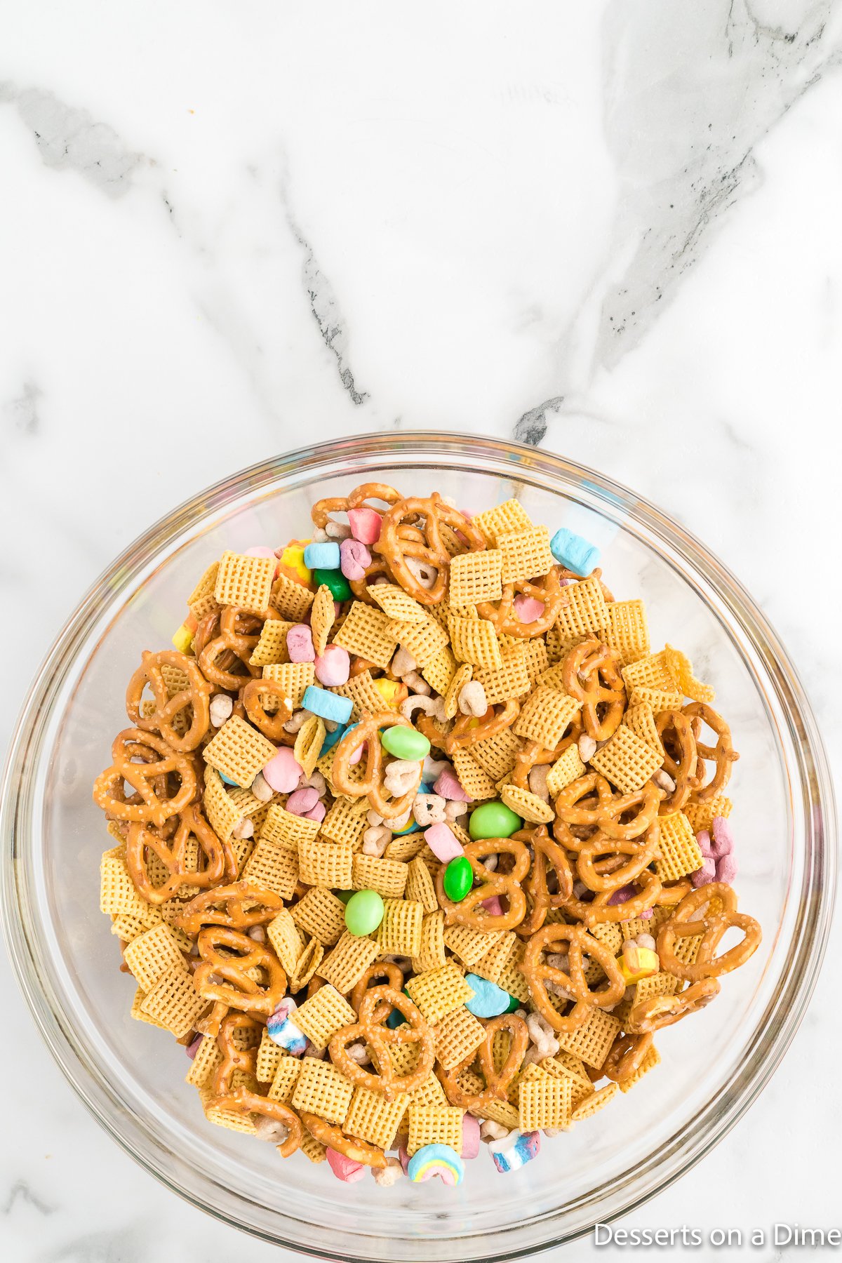 Bowl of cereal mixture.