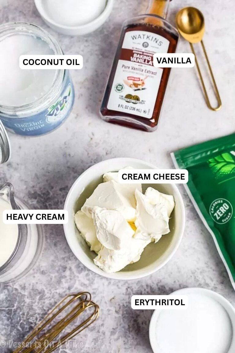 Ingredients for recipe: cream cheese, coconut oil, erythritol, vanilla and sugar free baking chocolate. 