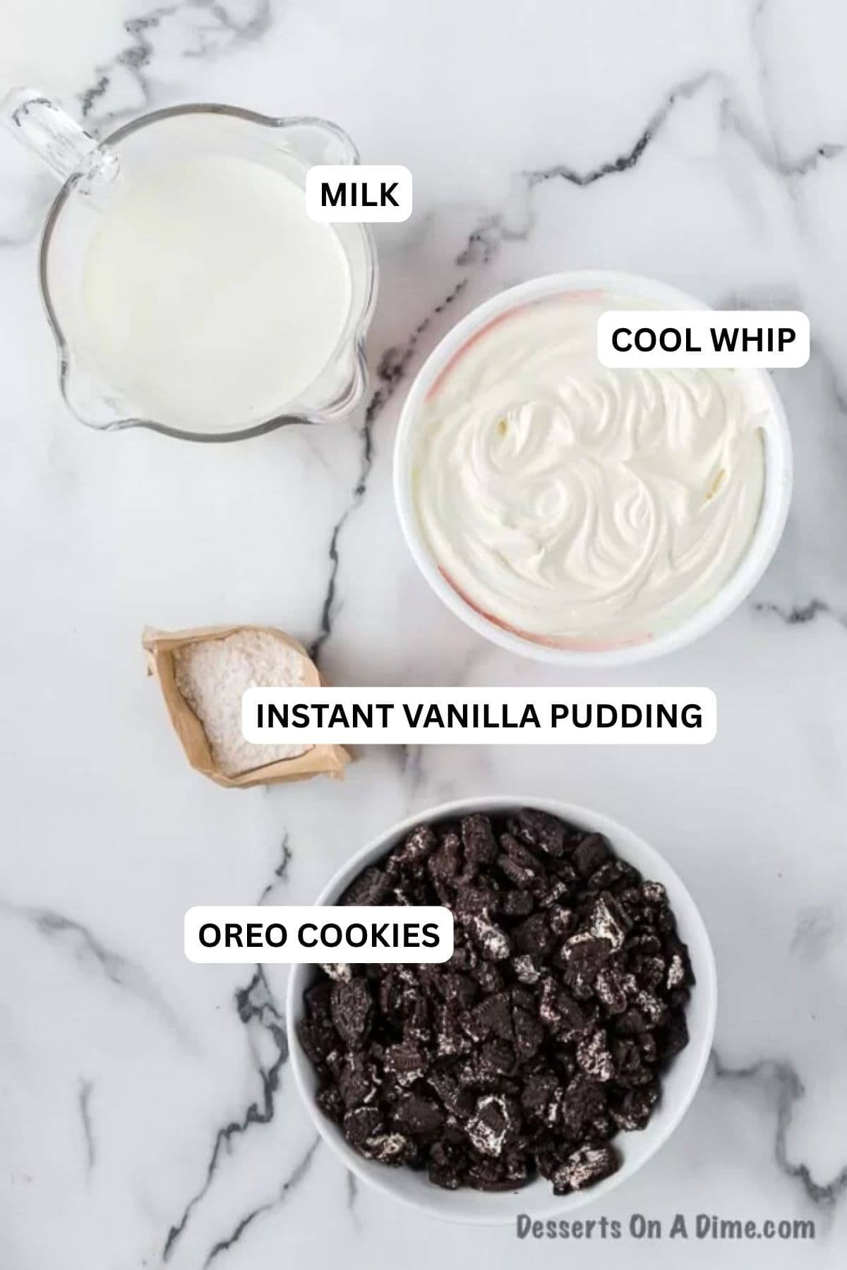 Ingredients for recipe: milk, cool whip, pudding and Oreo cookies.