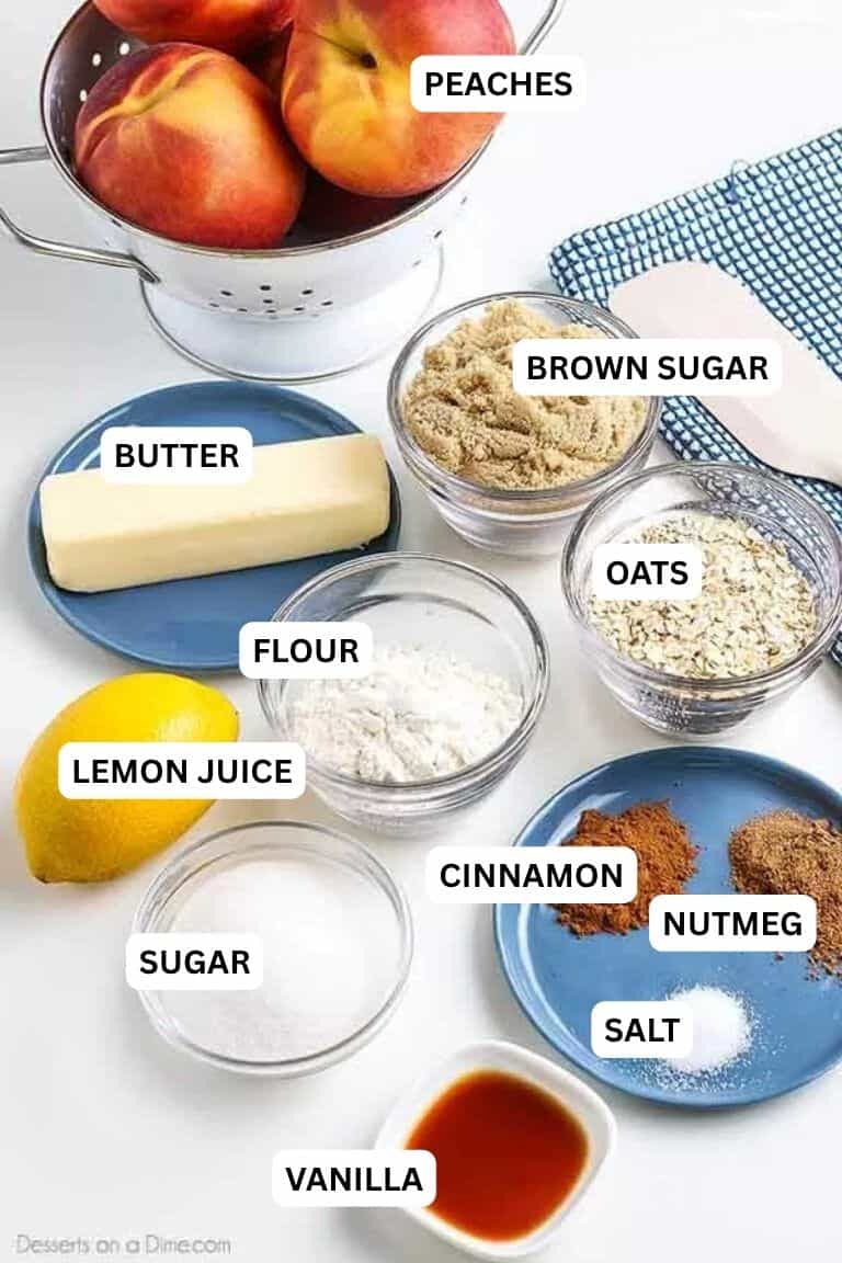 Ingredients needed - peaches, lemon juice, sugar, flour, vanilla, salt, cinnamon, brown sugar, oats, nutmeg, butter