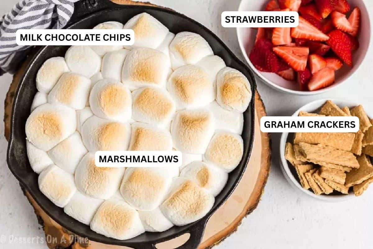 With only 2 ingredients needed, S'mores dip is the perfect treat to enjoy any day of the week. We love to make this dip for parties, snacks or just because. Ingredients for recipe: marshmallows, chocolate chips, graham crackers and strawberries.