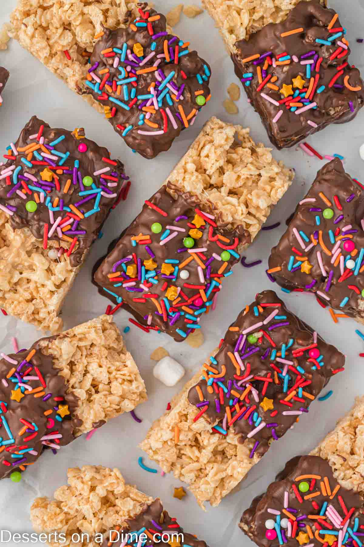 Chocolate dipped rice krispie treats ready to serve. 