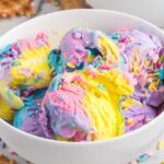 Unicorn Ice Cream in a white bowl.