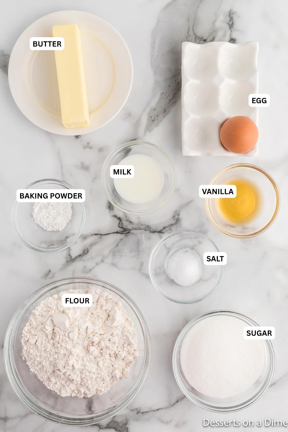 Ingredients for recipe: flour, egg, vanilla, butter, milk, baking powder, salt and sugar. 