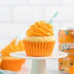 A cupcake on a white plate.