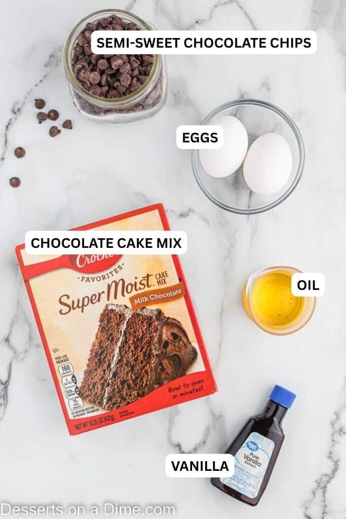 Ingredients for recipe: cake mix, eggs, vanilla and semi-sweet chocolate chips. 