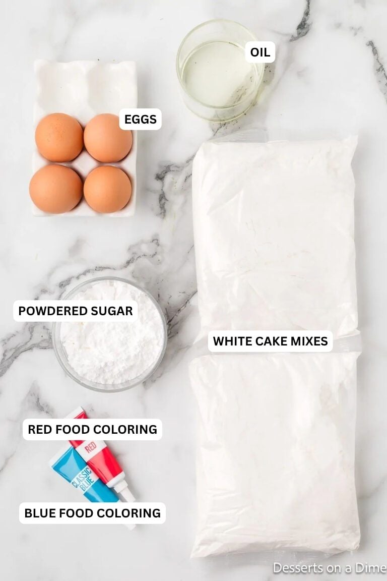 Ingredients for recipe: white cake mixes, blue and red food coloring, powdered sugar, eggs and oil. 
