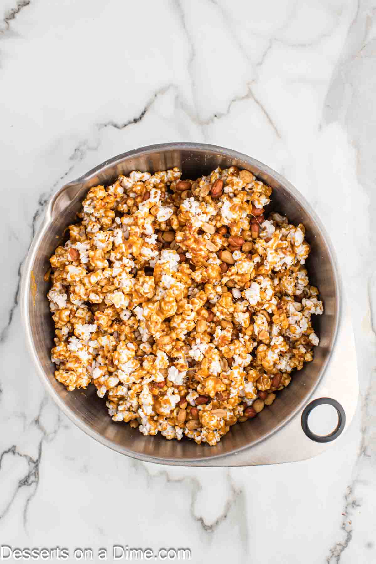 Popcorn added to mixture.