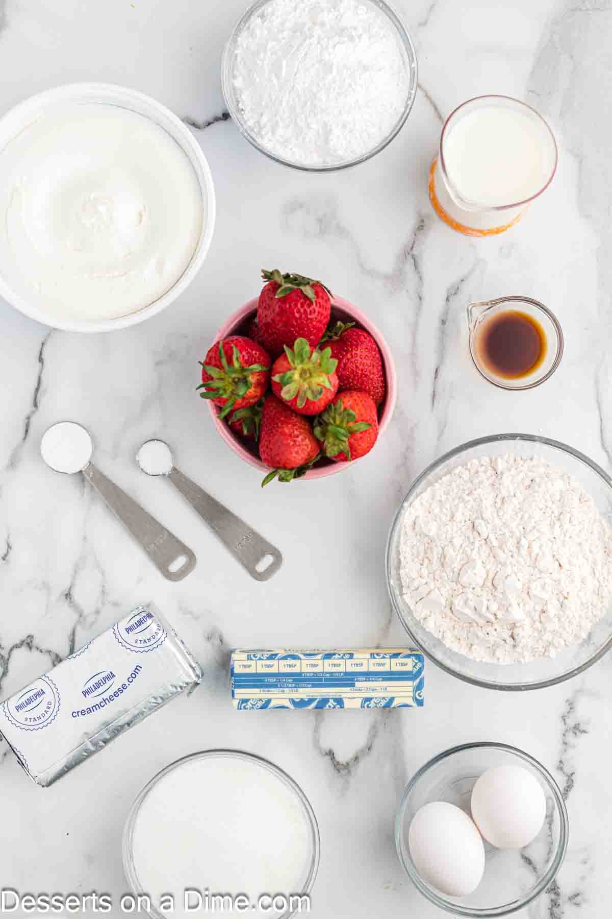 Ingredients for Strawberry shortcake bars - unsalted butter, flour, milk, vanilla, eggs, cream cheese. 