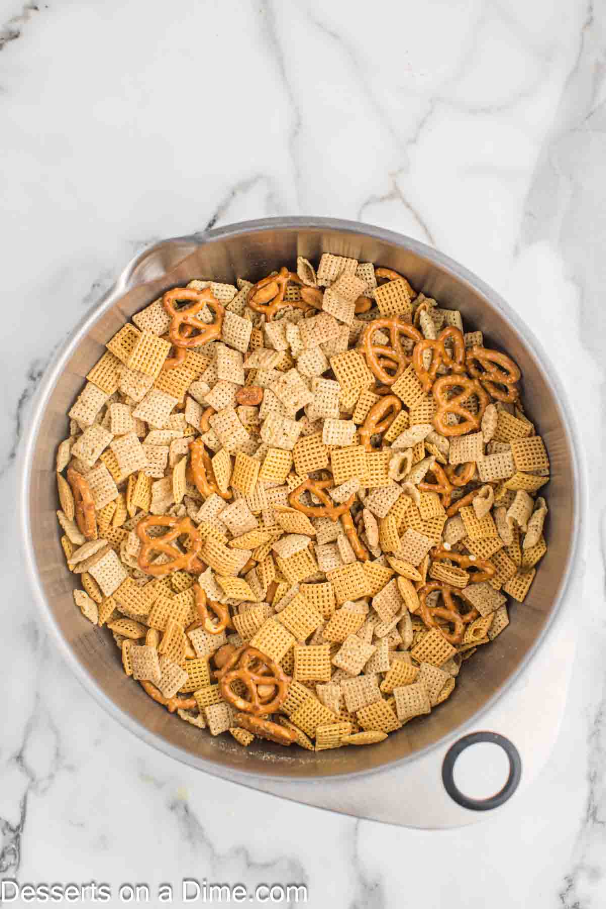 Bowl with chex mix. 