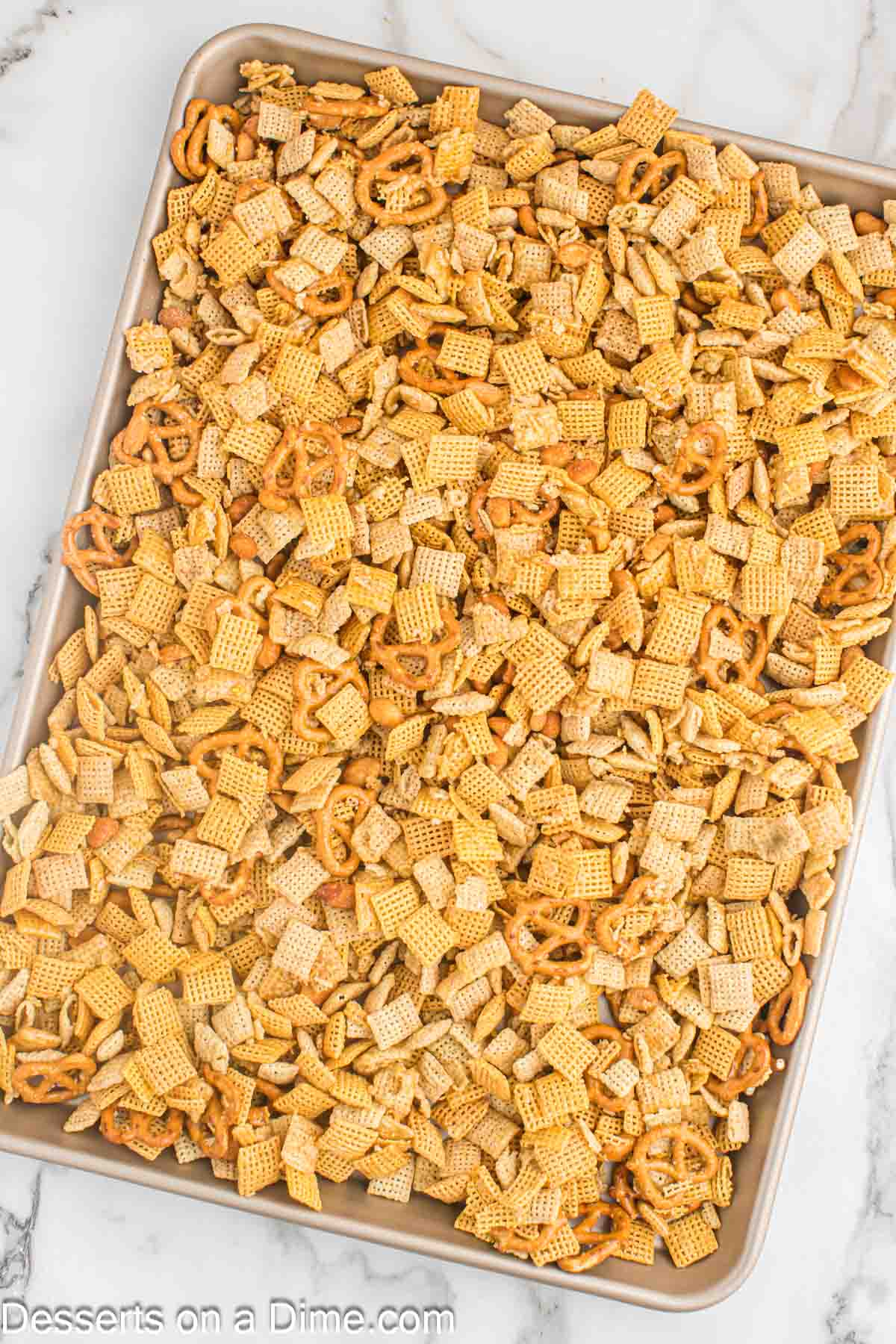 Baking sheet with cereal mixture. 
