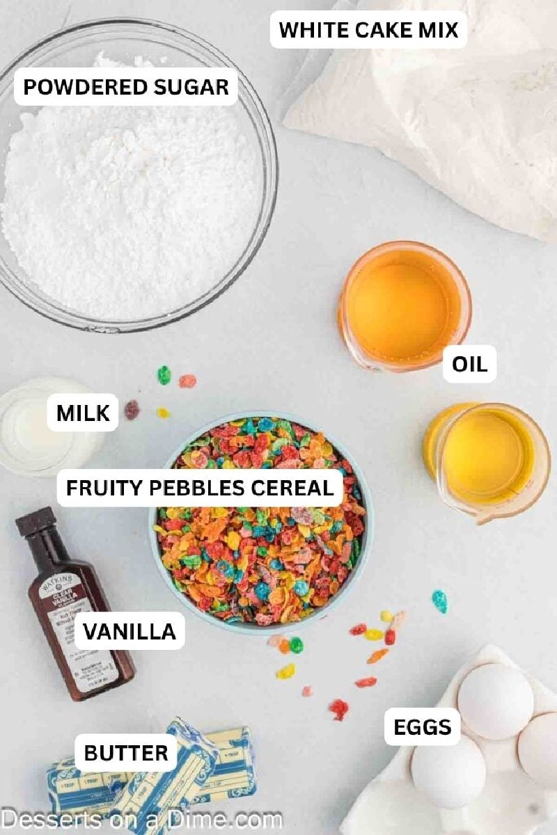 Ingredients for recipe: cake mix, eggs, cereal, butter, powdered sugar, cereal. 