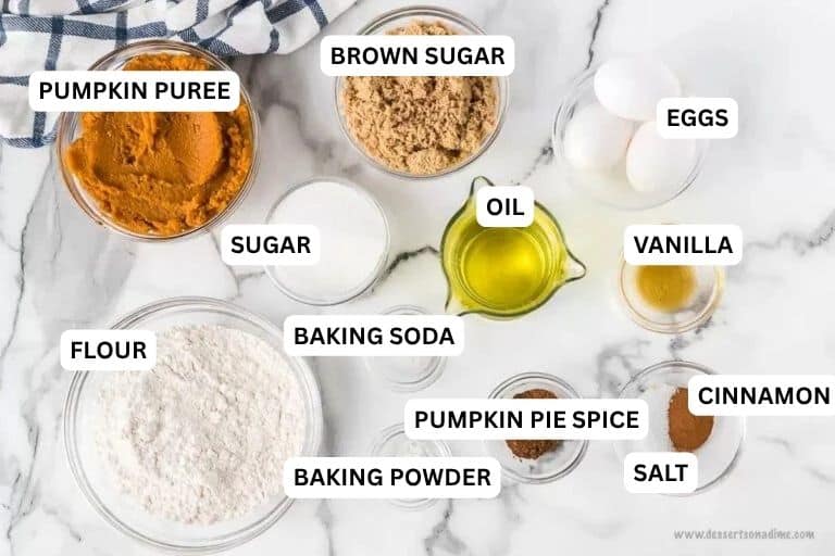 Ingredients needed for recipe:  flour, baking powder, baking soda, salt, cinnamon, pumpkin pie spice, oil, eggs, brown sugar, sugar, pumpkin puree and vanilla extract.