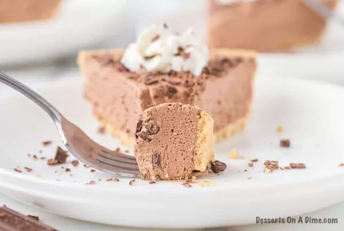 Slice of No Bake Hershey Pie on a plate