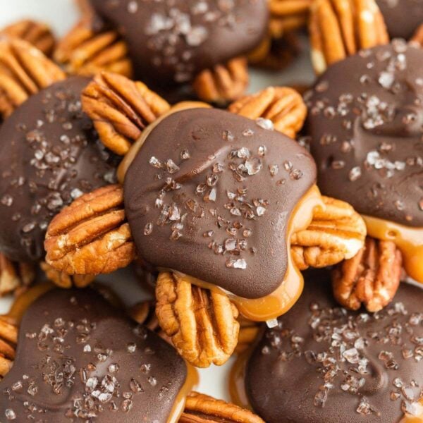 Chocolate Turtles stacked together.