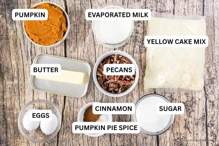Ingredients for recipe: sugar, pumpkin pie spice, cinnamon, eggs, butter, pecans, yellow cake mix, evaporated milk and pumpkin. 