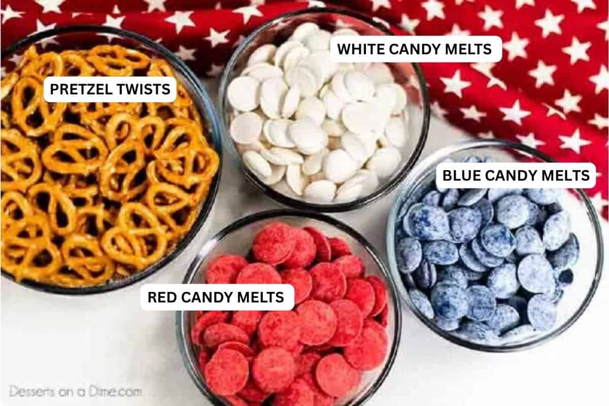 Ingredients for recipe: pretzels, white candy melts, blue candy melts and red candy melts. 