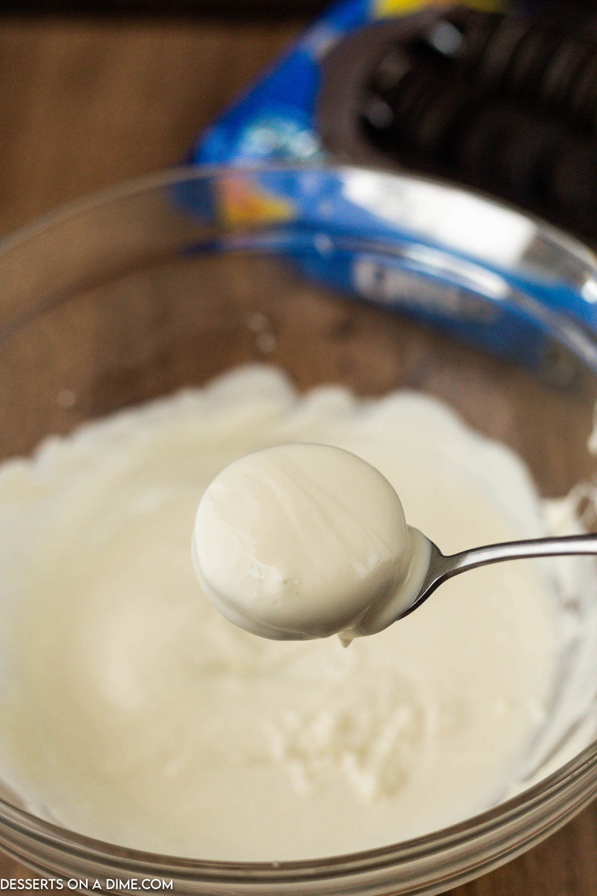Oreo dipped in melted white chocolate.