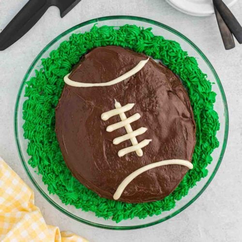 Football cake on a platter.