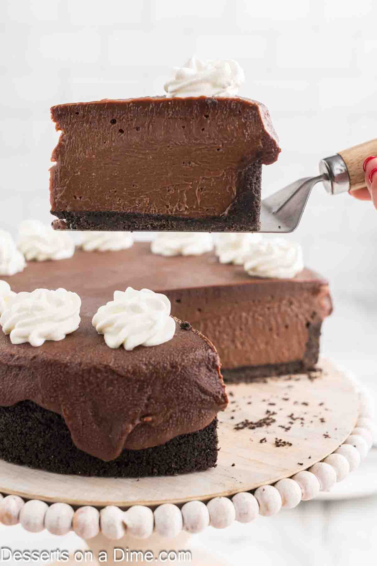 Slice of Nutella Cheesecake on a spatula 