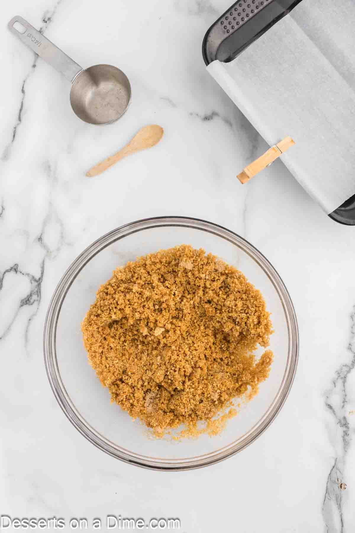 Graham cracker crumbs in a bowl. 